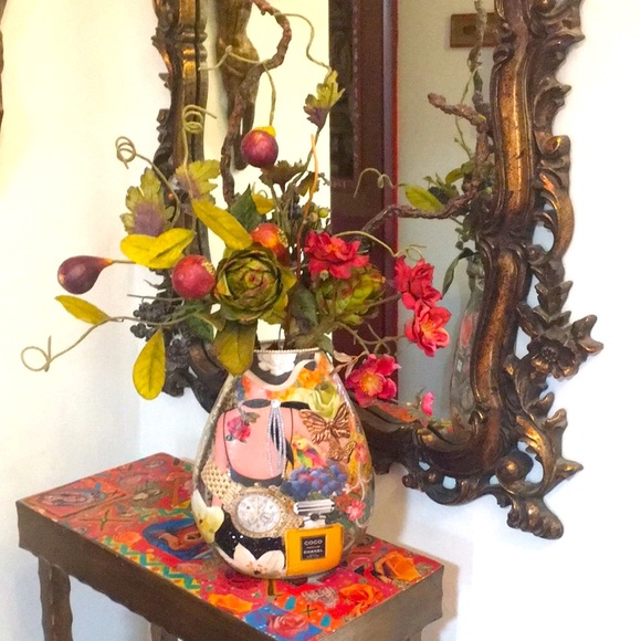 HAND CRAFTED Chanel Vase Decoupage Colorful Vintage Decor Floral Art - Picture 6 of 10